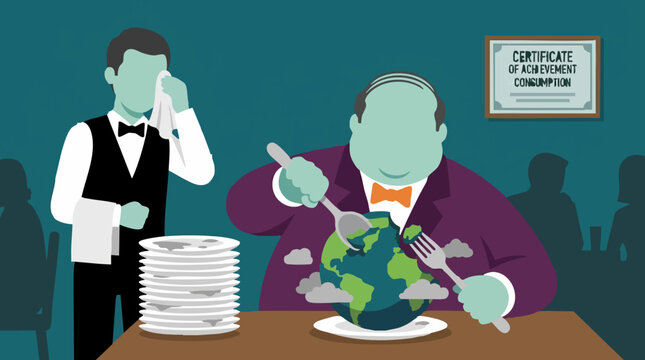 Symbolic illustration of human overconsumption leading to environmental destruction