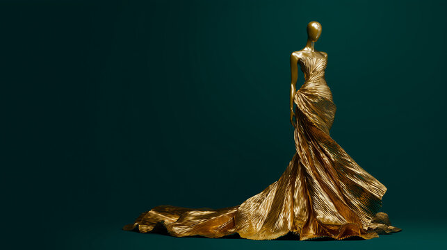 Elegant mannequin wearing a flowing golden gown with long dramatic train on a dark background, haute couture fashion concept.