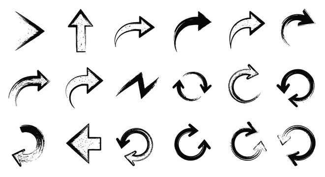 Collection of diverse arrow icons with a textured brush stroke effect for direction and movement