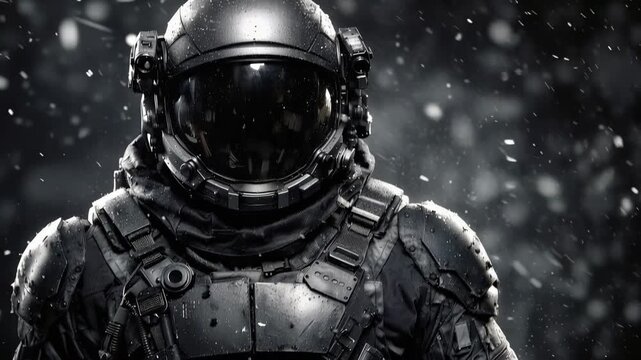 Close up of a futuristic astronaut in a black armored suit and helmet, standing stoically amidst a heavy downfall of snow, symbolizing exploration, resilience, and science fiction concepts