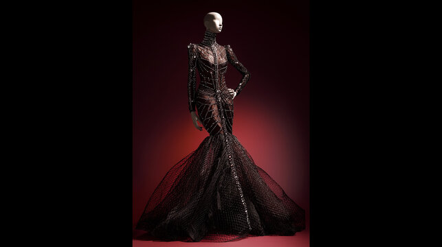 Elegant mannequin wearing a dramatic dark gown with structured bodice and voluminous skirt on a deep red background, haute couture fashion concept.