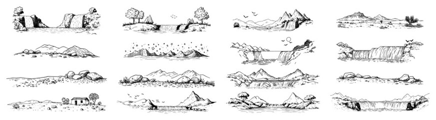 Fototapeta premium Landscape and nature scenery icon set, vintage mountains waterfalls and rivers collection, engraved outdoor panorama illustrations