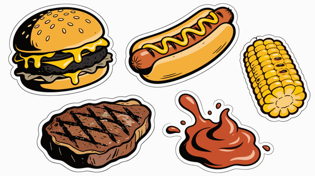 A vibrant, stylized illustration depicting a cheeseburger and a grilled steak. Perfect for food blogs, restaurant menus, or advertising campaigns, evo