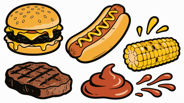 A vibrant, cartoon-style illustration depicting a juicy burger and grilled steak. Perfect for food blogs, menus, or marketing materials related to din