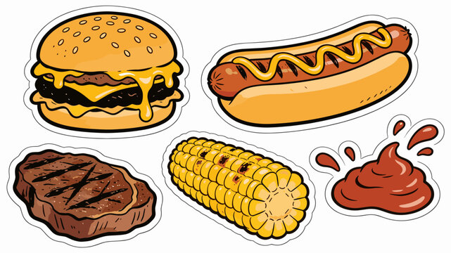 A vibrant, cartoon-style illustration of a cheeseburger and a grilled steak, perfect for menus, food blogs, or restaurant marketing materials. The ima