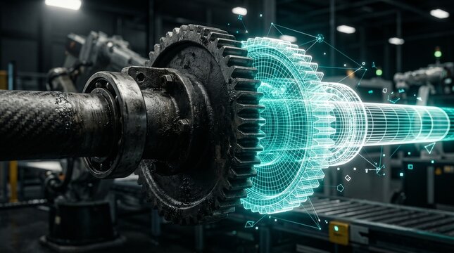 3D render of a physical industrial gear and shaft transitioning into a glowing cyan digital wireframe hologram representing a digital twin concept