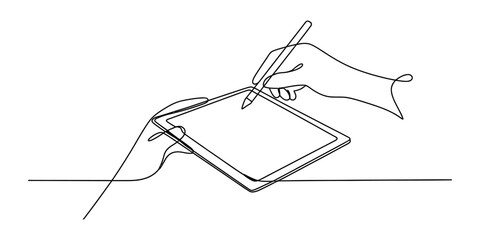Continuous line drawing of hand using stylus on tablet © Vector Art Gallery 