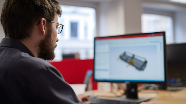 Engineer create product design on computer screen in modern office, male specialist use CAD software to develop 3D model for manufacturing