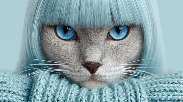 Cat with blue hair and matching sweater close up portrait