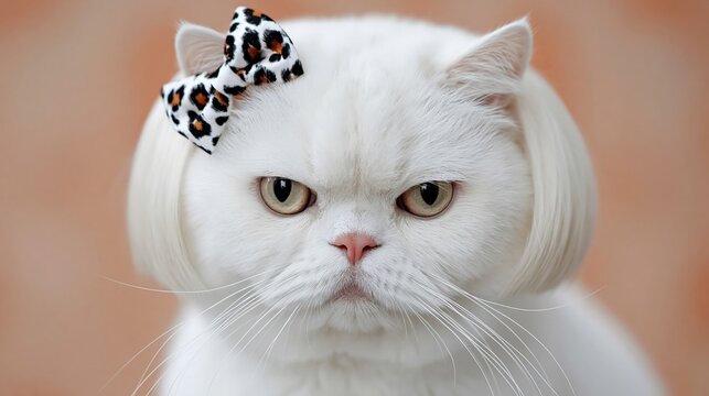 White persian cat with leopard bow in neutral studio setting