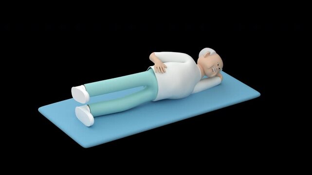 Elderly man lying on exercise mat and doing side leg lifts for osteoporosis prevention, 3d render with alpha channel