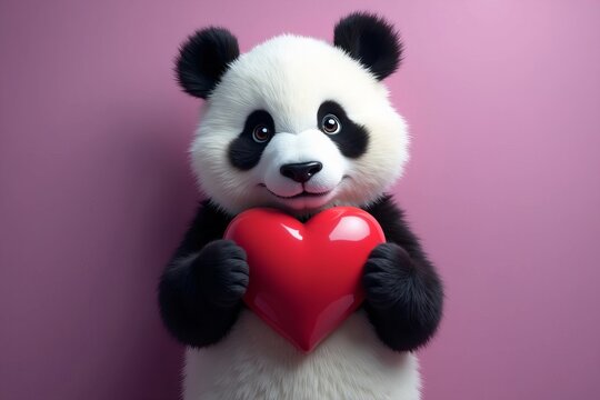 Loving Panda Clutching Heart Against a Purple Background