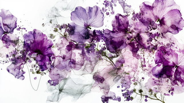 Elegant floral arrangement featu vibrant purple petunias interwoven with delicate smoke tendrils creating an ethereal and artistic botanical composition.