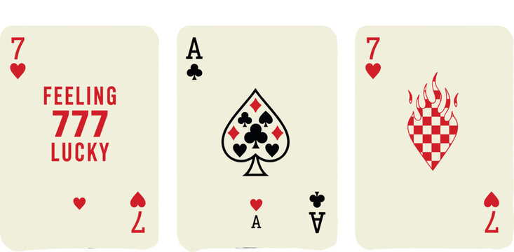 Vintage Lucky 777 Playing Cards Set with Ace Spade and Flaming Heart for Casino, Poker, and Gambling Design Projects