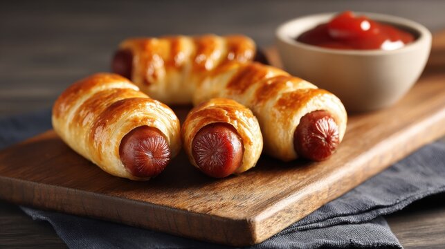 Golden sausage rolls wrapped in flaky pastry on wooden board with ketchup dip. Crispy baked snack with juicy sausage filling, comfort food, savory appetizer