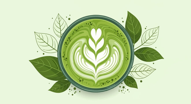 Overhead vector illustration of a green matcha latte bowl with intricate white foam art, surrounded by stylised green tea leaves and circular dots on a pale green background.
