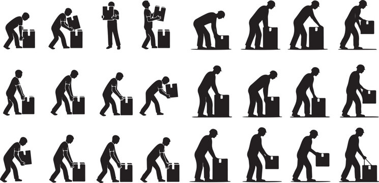 A set of black silhouette illustrations depicting various proper lifting techniques for moving boxes and heavy objects safely