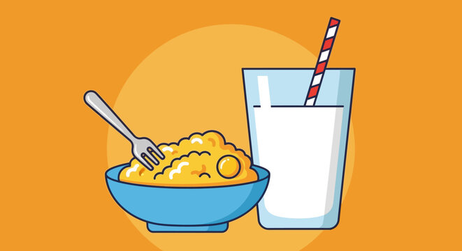 Bowl of cereal with fork and glass.