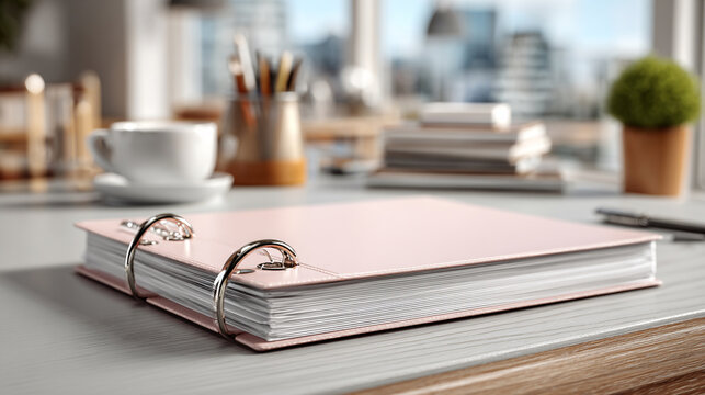 Light pink ring binder notebook with metal rings sits open on a desk with office supplies a potted plant and a city view through windows in the background soft natural light
