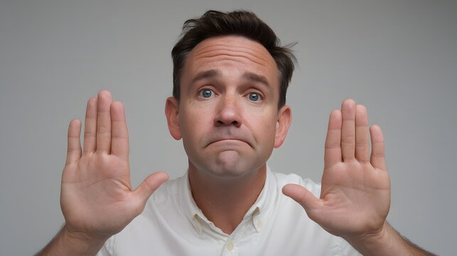 Man looks alarmed with palms out, signaling stop or denial