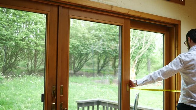 A Man or Contractor Measures a Large Sliding Door - Angle 1