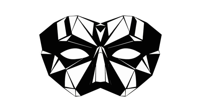 Symmetrical black and white low poly geometric mask illustration isolated on white. Abstract polygonal superhero or animal eye mask with sharp triangular facets and high contrast.