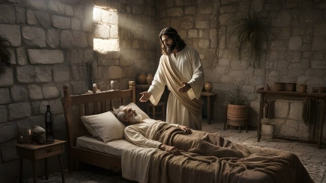 Jesus comforts a sleeping person in a stone room. Sunlight streams through a high window. The room has simple wooden furniture and earthy tones. The figure appears gentle, offering peace and care