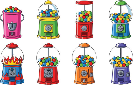 Colorful gumball machines with candies inside Vector