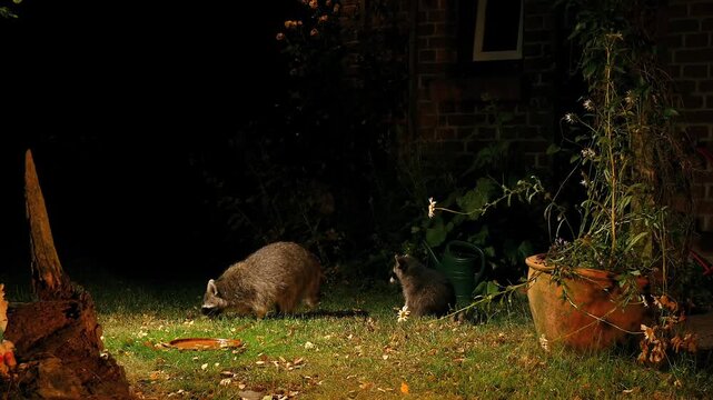 raccoon, Procyon lotor, with offspring searching for food in garden at night 6