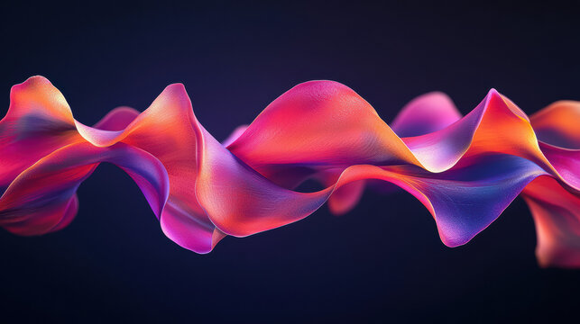 An abstract and colorful flowing fabric wave with vibrant gradient hues of pink, orange, and purple creates a captivating, modern, artistic design element effect.