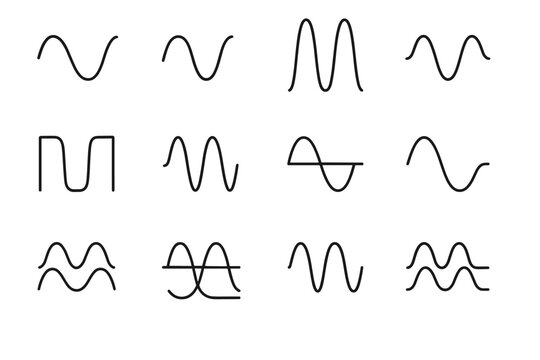 Sine Wave Icon Set. Sine-inspired shapes. Line outline icon set of sine-inspired shapes: sine wave, cosine