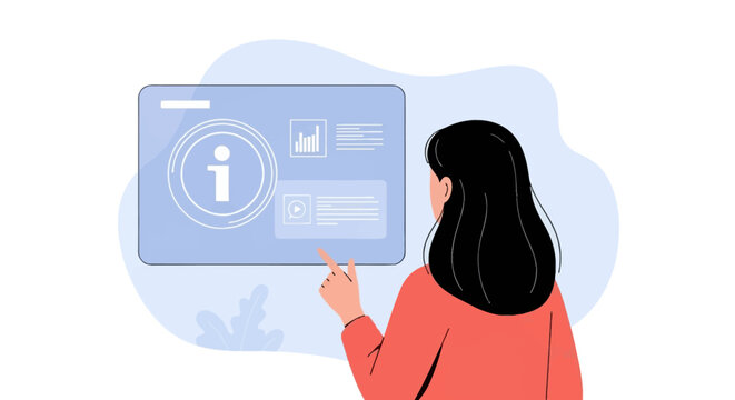 Flat vector illustration of a woman from behind interacting with a digital interface screen showing an information icon, bar graph, and text data on a light blue background.