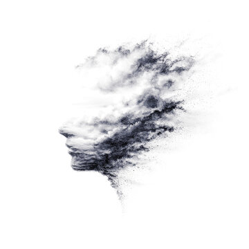 Abstract human face dissolving into particles in monochrome symbolizing identity and mind