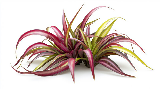 Two vibrant tradescantia spathacea plants, showcasing their striking purple, pink, and green leaves, are isolated against a crisp, clean white background perfectly.