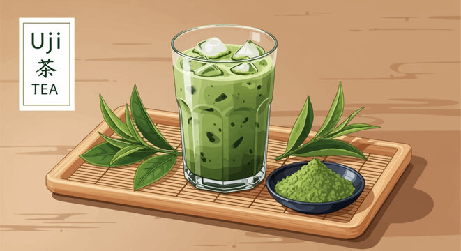 Vector illustration of iced matcha latte in a tall glass with ice cubes, fresh green tea leaves, and powdered matcha in a bowl on a bamboo tray, featuring an Uji Tea sign.