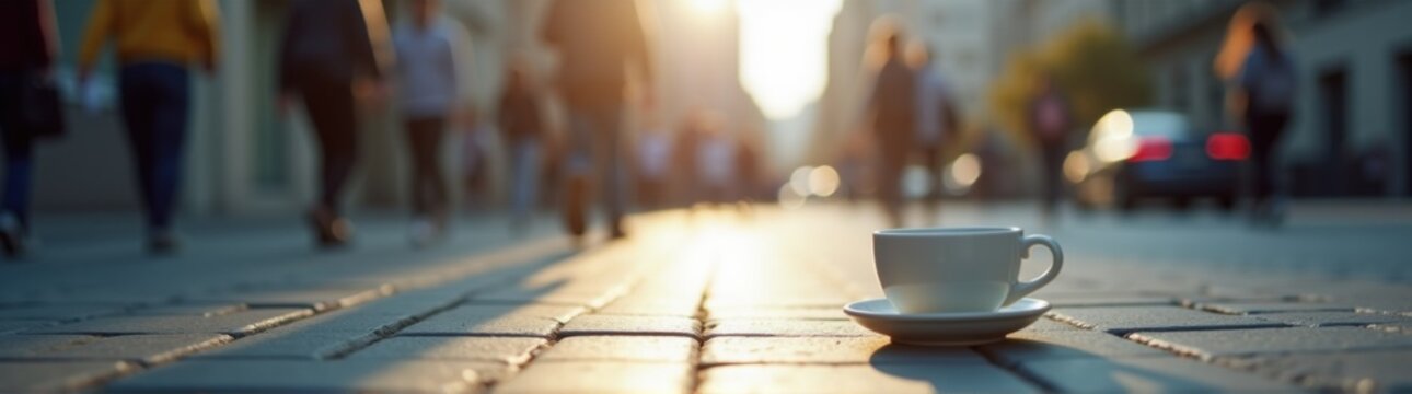 Cup of coffee sitting on a sidewalk in the sun