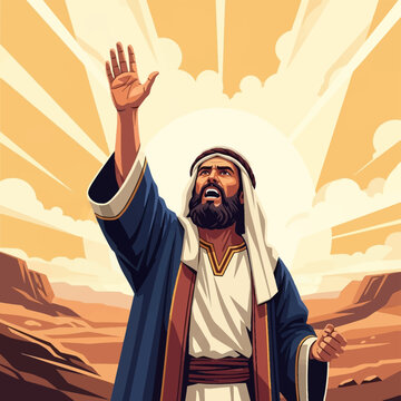 Biblical vector illustration of the prophet Isaiah in a desert wilderness, wearing a blue robe and headscarf, with one hand raised and a look of fervor toward a divine sunburst.