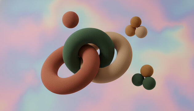 Abstract 3D Interlocking Rings with Floating Spheres on Pastel Background