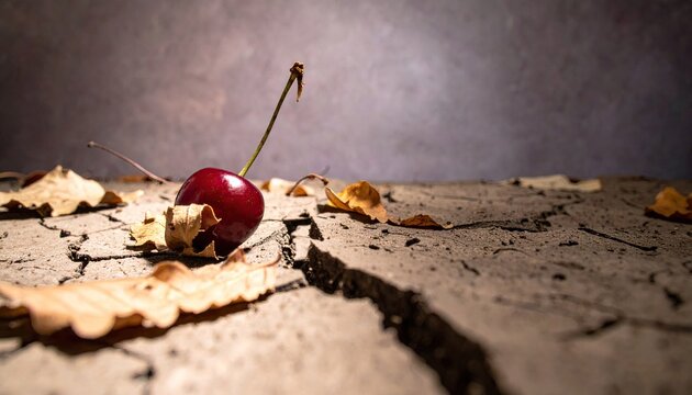 Close up of a single cherry on cracked earth with fallen leaves