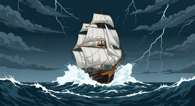Illustration of a wooden galleon ship sailing through a violent ocean storm with large crashing waves and bright lightning strikes against a dark, dramatic cloudy sky background.