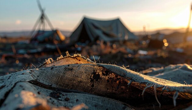 A weathered and torn piece of canvas resting on the ground in front of a makeshift refugee camp at sunset, illustrating themes of hardship and human displacement in challenging conditions.