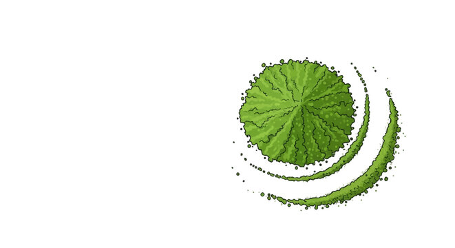 Overhead view of a circular pile of vibrant green matcha tea powder with artistic stippled texture and curved powder trails, isolated on a white background for design.