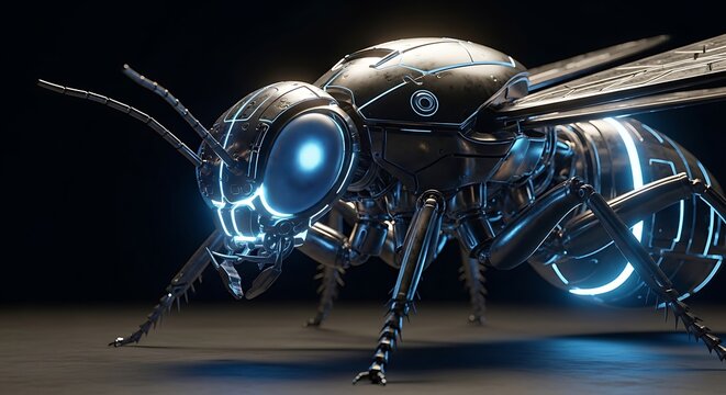 A futuristic metallic insect with glowing blue eyes and neon lights stands on a dark surface in a technology lab.