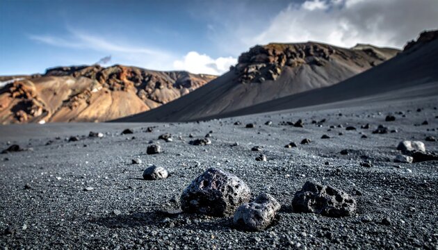 Rugged volcanic landscape filled with dark scattered pebbles and rocky remnants in a desolate mountainous terrain under a soft blue sky.