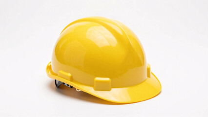 Fototapeta premium A bright yellow construction hard hat with glossy surface, reinforced ridges, brim, and adjustable strap rests on a plain white background.