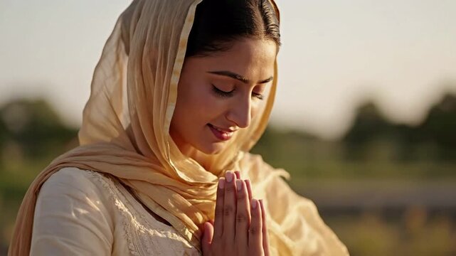 Young woman in traditional Indian attire with headscarf, hands pressed together in prayer or greeting, serene expression, soft golden hour light, outdoor setting with blurred greenery