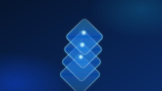 A futuristic abstract representation of layered data structures and network connectivity illuminated on a deep blue background.