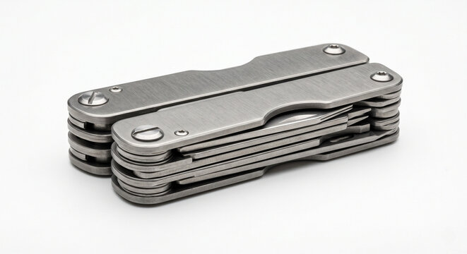 Minimalist brushed grey titanium multi-tool in folded position, industrial macro on white background.