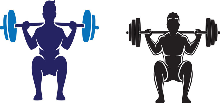 Black silhouette of a man doing a squat with a barbell on his shoulders isolated on white background
