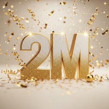2 Million numbers with golden confetti in celebratory lighting on textured background for social media milestone.